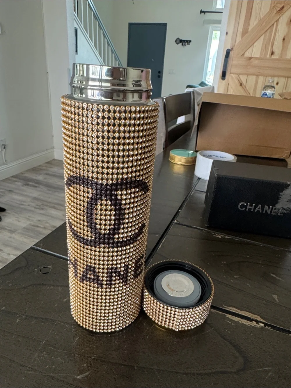 Source Unknown Gold Beaded Vase with Black Logo Motif